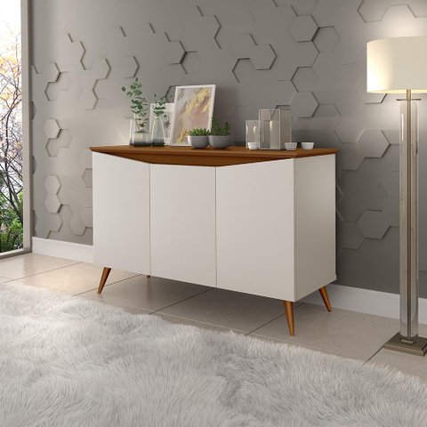 Aparador Buffet Encanto 3 Portas Retro Com Pés De Madeira Off White / Freijó
