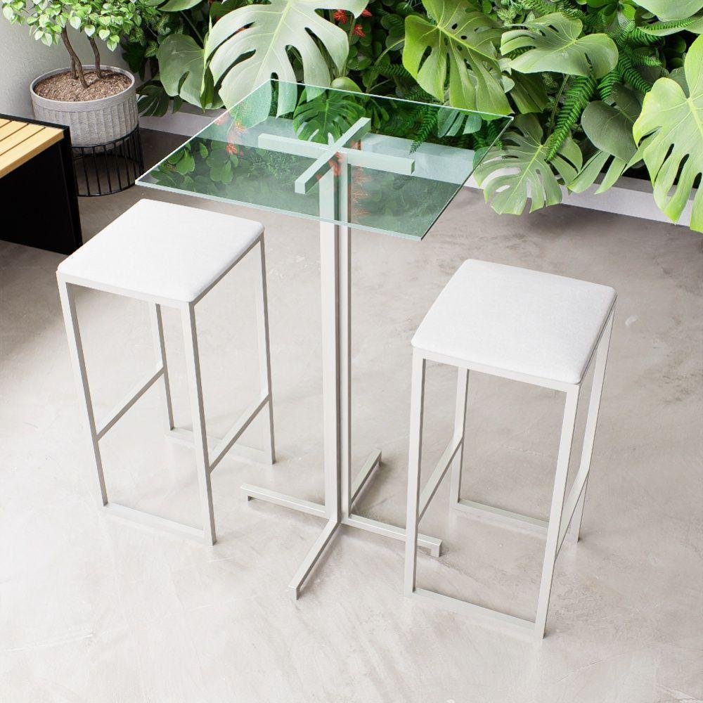 Conjunto Mesa Alta Bar Vidro 2 Bancos White Laca Branca - 1