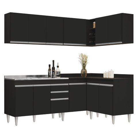 Armário de Cozinha Modulado de Canto 6 Peças Cp30 com Pia Inox Preto - Lumil Lumil Móveis