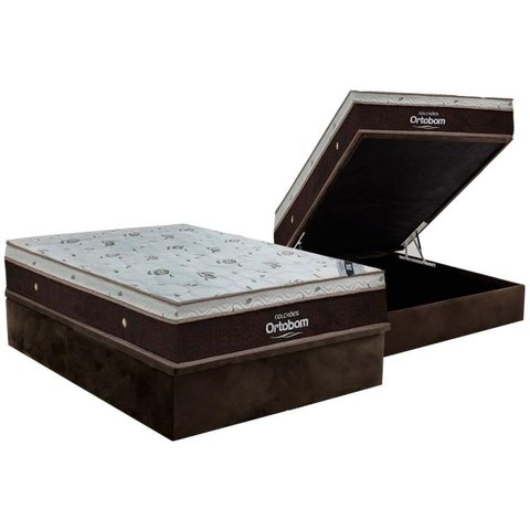 Cama Box Baú Casal: Colchão Molas Ensacadas Ortobom SuperPocket Sleep King Látex + Base CRC Suede Br
