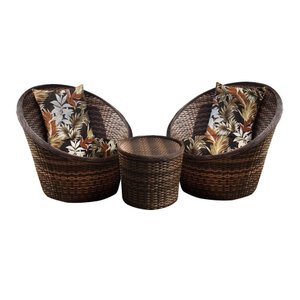 Conjunto de Poltronas Fibra Sintética Bola - 2 Poltronas + 1 Mesa Centro - Tecido Revieira Marrom