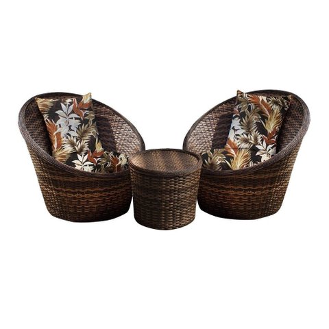 Conjunto de Poltronas Fibra Sintética Bola - 2 Poltronas + 1 Mesa Centro - Tecido Revieira Marrom
