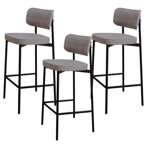 Kit 03 Banquetas Alta Bar Cozinha Sala de Jantar Aço Preto Kaira C01 Linho Cinza - Lyam Decor