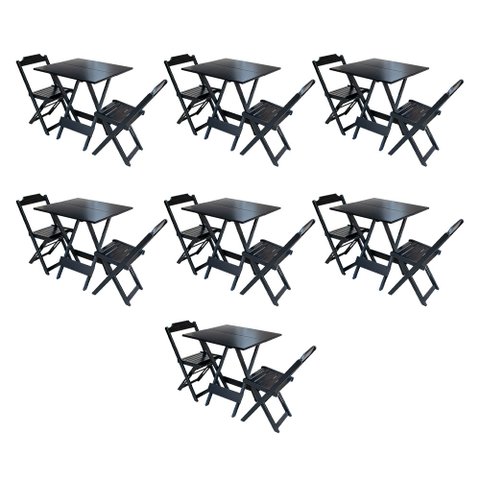 Kit 7 Jogos de Mesa Dobravel com 2 Cadeiras de Madeira 70x70 para Restaurante e Bar - Preto