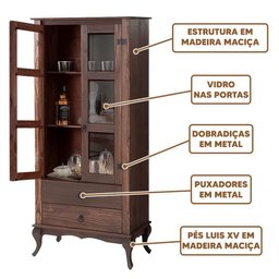 Cristaleira em Madeira Maciça com 2 Portas e 2 Gavetas - 3