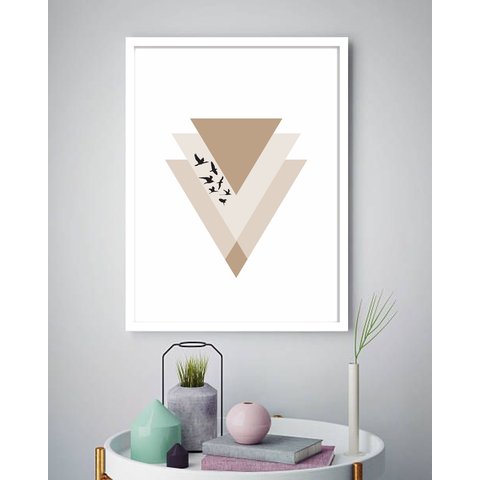 Quadro Decorativo Abstrato Triângulos Pássaros Bege -70x50cm:moldura Preta