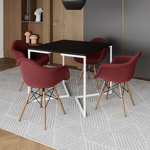 Jogo de Mesa Industrial Base Branca Tampo Quadrado 90cm Preto com 4 Poltronas Estofadas Vermelho