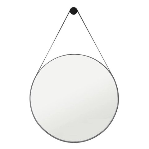 Espelho Adnet Redondo 60 Cm Alça De Couro + Suporte + Bucha - Preto
