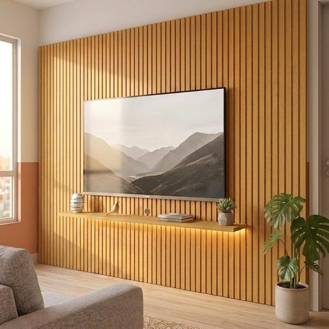 Painel para TV até 90 Polegadas 100% MDF com LED e Prateleira 330x250x24,6cm