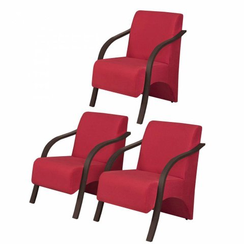 Kit3 Poltronas Vênus 1 Lugar Braço Madeira Vermelho