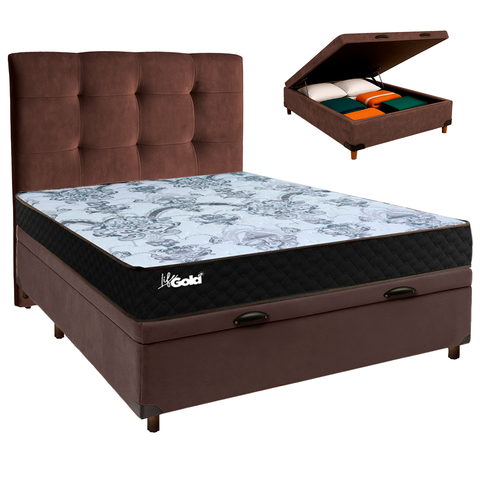 Kit Cama Box Bau + Cabeceira + Colchão Casal Molas Ensacadas - Life Gold - Paropas