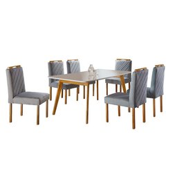 Conjunto Sala de Jantar 6 Lugares em Madeira Maciça Mesa Slim e Cadeiras em Linho Rústico Cinza Graf - 2