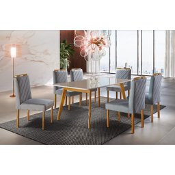 Conjunto Sala de Jantar 6 Lugares em Madeira Maciça Mesa Slim e Cadeiras em Linho Rústico Cinza Graf - 1