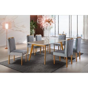 Conjunto Sala de Jantar 6 Lugares em Madeira Maciça Mesa Slim e Cadeiras em Linho Rústico Cinza Graf