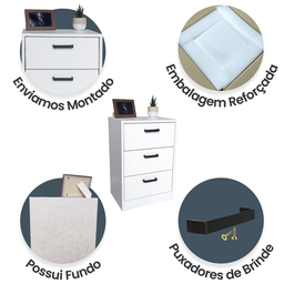 Mesa de Cabeceira Branca 40cm 3 Gavetas Mdf Quarto Gaveteiro Puxador Arquivo-sem Rodinhas Já Montado - 3