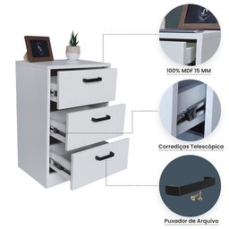Mesa de Cabeceira Branca 40cm 3 Gavetas Mdf Quarto Gaveteiro Puxador Arquivo-sem Rodinhas Já Montado - 2