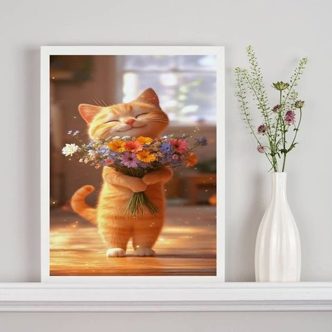 Quadro Gatinho Baby com Buquê de Flores 24x18cm - com Vidro:moldura Branca