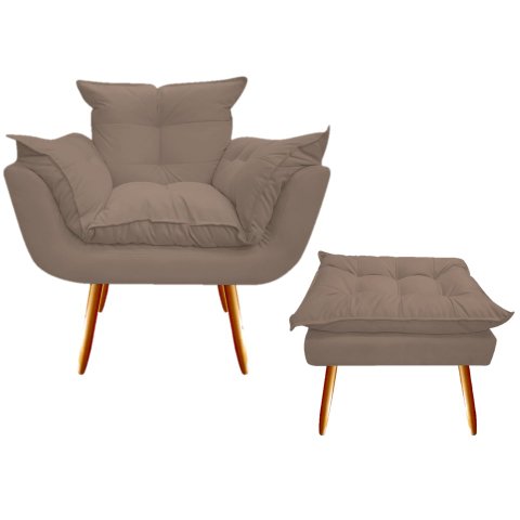 Kit Poltrona + Puff Decorativo Opala Suede Capuccino Pés Madeira Ms Decor
