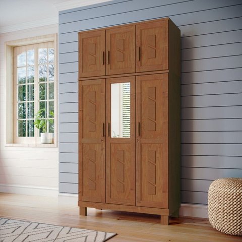 Guarda-Roupa 6 Portas com Espelho e Aplique Madeira Maciça Linha Cobre Marrom/Castanho