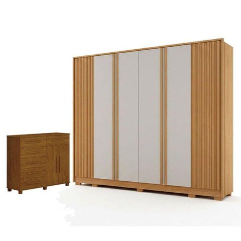 Guarda Roupa Casal Evo 6 Portas Cinamomo e Off-White com Cômoda São Paulo 6 Gavetas 2 Portas