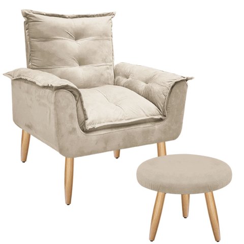 Poltrona Opala Cadeira Decorativa + Puff Banqueta Redondo: Bege