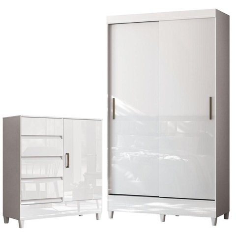 Guarda Roupa Solteiro 2 Portas de Correr com Pés e Cômoda Fit Branco Brilho - Santos Andirá