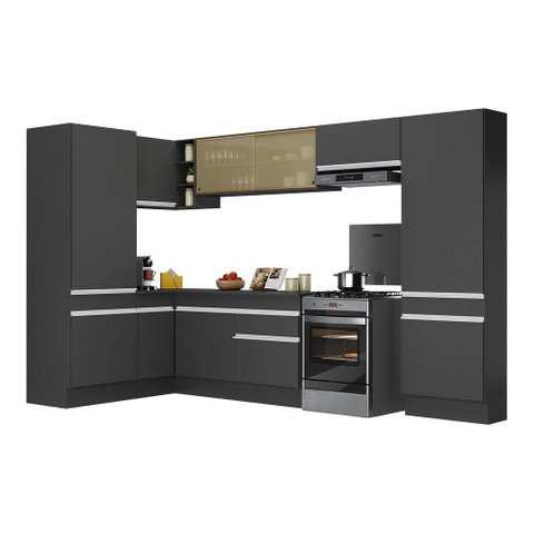 Armário de Cozinha Completa de Canto com Rodapé Veneza Multimóveis V2090 Preto/Branco