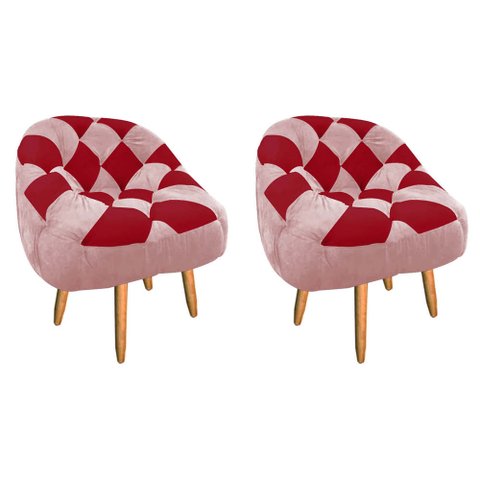Kit 02 Poltrona Paloma Escritório Sala Pé Palito Suede Rosa Bebê e Suede Vermelho - Dominic Decor