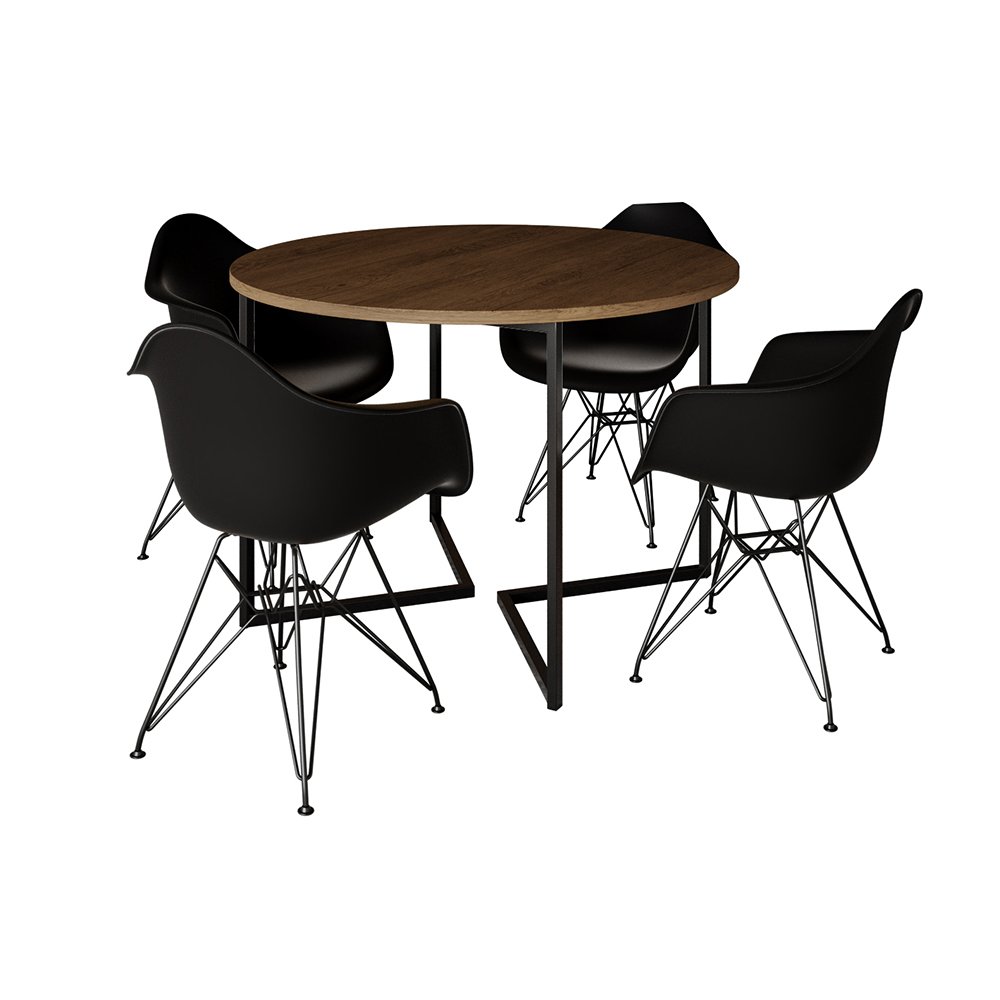 Mesa Industrial Jantar Redonda 110cm Amêndoa Base V com 4 Poltronas Pretas Eames Daw Ferro Preto - 2