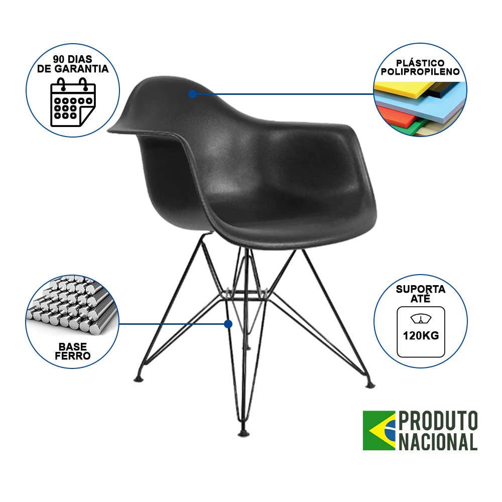 Mesa Industrial Jantar Redonda 110cm Amêndoa Base V com 4 Poltronas Pretas Eames Daw Ferro Preto - 4