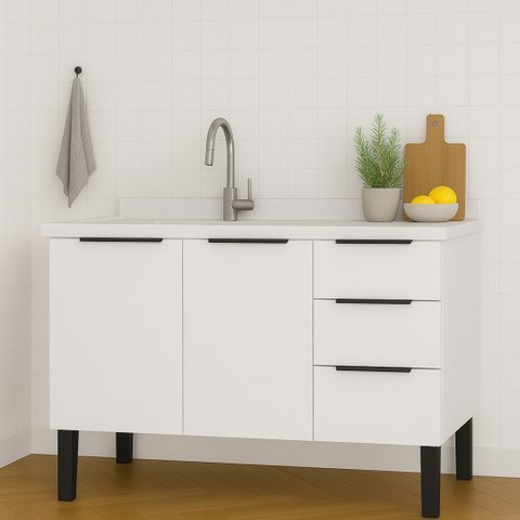 Armário de Cozinha 117cm Gabinete Aço 2 Portas e 3 Gavetas:Branco