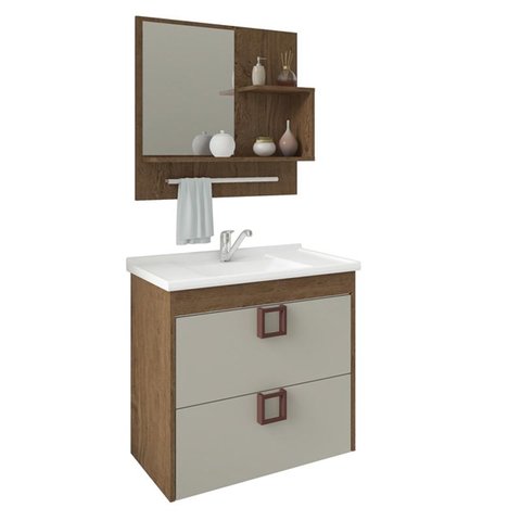 Gabinete de Banheiro com Cuba e Espelheira Lirio 60cm Amendoa/off White - Mgm