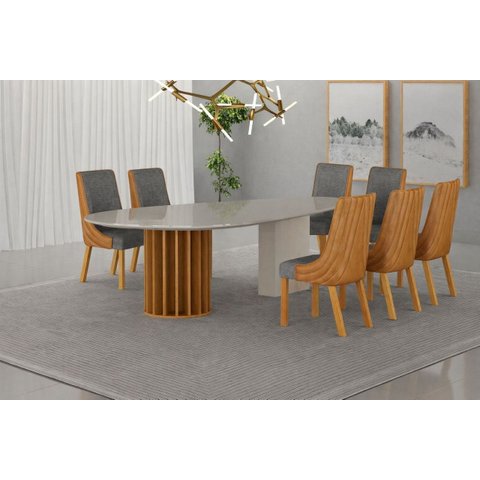 Conjunto Jantar 8 Cadeiras Maciça 2x1 Pilar Vdo- Arbo Design - Cinamomo Off White - Linho Chumbo