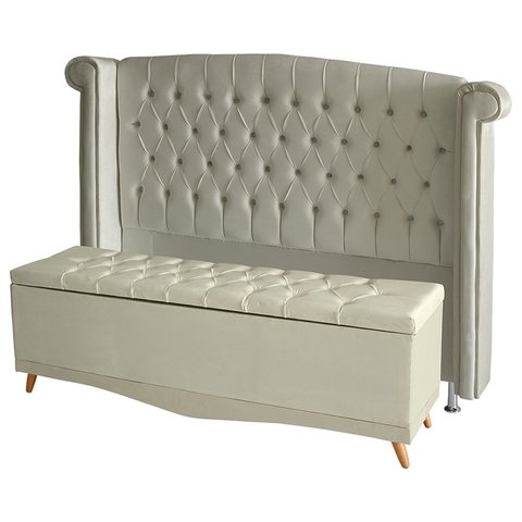 Kit Cabeceira de Cama Box e Calçadeira Baú Luxo Queen 160 Cm Suede Porcelana Eli Móveis