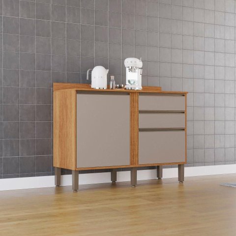 Balcão Pérola 2 Portas 2 Gavetas MDP 120cm Cinamomo e Off Sallêto Móveis