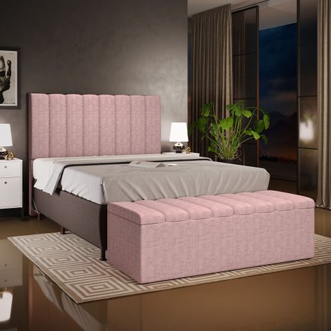 Kit Cabeceira Cama Box Casal 140cm e Calçadeira Recamier Baú Dália W01 Linho Rosa - Lyam Decor