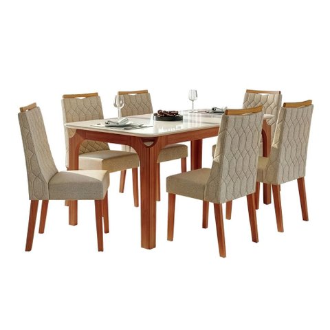 Conjunto Sala de Jantar Mesa Tampo em Vidro 1,60m Mel 6 Cadeiras Bel