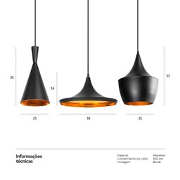 Conjunto 3 x Luminárias Pendentes Tom Dixon - Kit Trio - Preto com Interior Cobre - 6