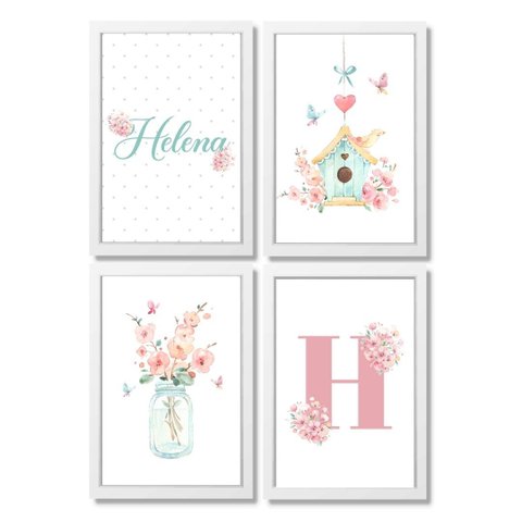 4 Quadros Decorativos Moldura e Vidro - Menina Aquarela Flor:branca