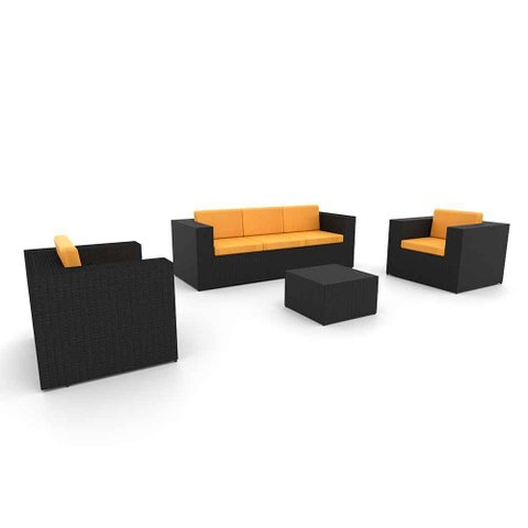 Conjunto de Sofá Fibra Sintética Preta Quadrado - 1 Sofá 3l + 2 Poltronas + 1 Mesa Centro - Tecido L