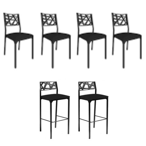 Kit 4 Cadeiras Luiza com 2 Banquetas Luiza Gourmet-Assento Corino preto