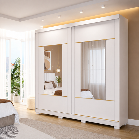 Guarda-Roupa Casal Elise 2 Portas de Correr 4 Gavetas com 2 Espelhos e Pés Pm Home