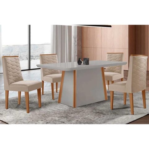 Conjunto Sala de Jantar Tilia C/ Tampo Madeirado C/ Vidro Canto Curvo 120x80cm e 4 Cadeiras Dafne