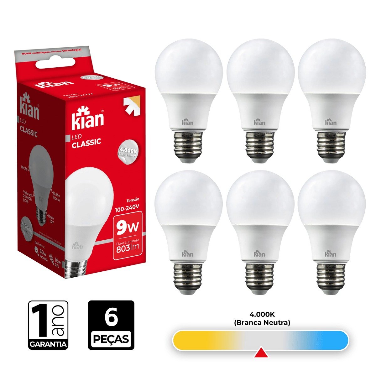 Lâmpada Led Bulbo Kian 9w 4000k Branca Neutra 6 Peças - 2