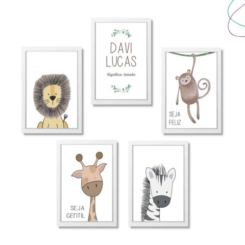 Kit 5 Quadros Decorativos Infantil Safari com Moldura:branca