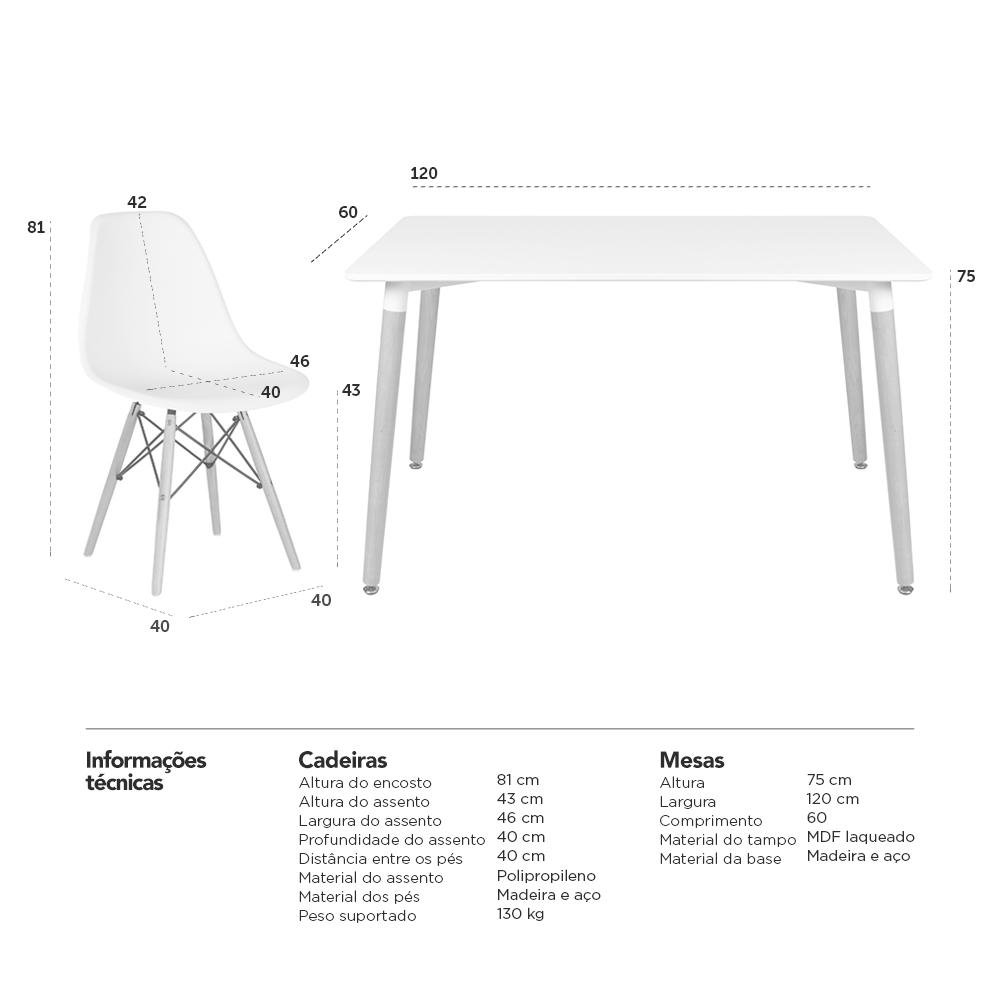 KIT - Mesa retangular Eames 60 x 120 cm branco + 4 cadeiras Eiffel DSW Branco - 10
