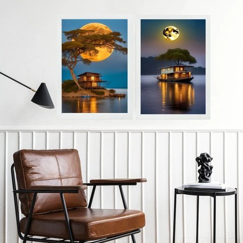 Kit 2 Quadros Paisagens Lua Rio com Barcos 24x18cm:moldura Branca