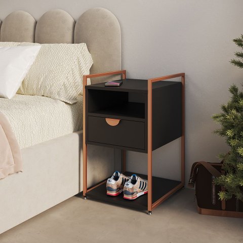 Mesa de Cabeceira Industrial Tókio com Gavetas em Ferro Cobre para Quarto - Tampo Preto
