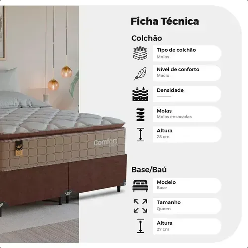 Ver imagem 3 de Cama Box Queen + Colchão Comfort Class Pillow Top 158x198cm Bege/suede Marrom