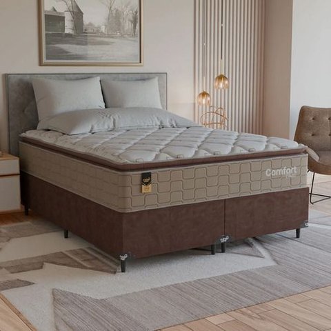 Cama Box Queen + Colchão Comfort Class Pillow Top 158x198cm Bege/suede Marrom